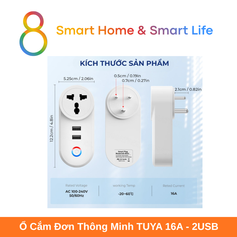  Ổ Cắm Đơn Thông Minh Tuya Smart Life 16A +2USB IN02- 8Matter - SmartHome 