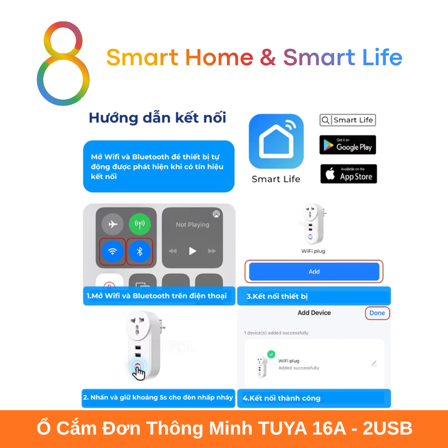  Ổ Cắm Đơn Thông Minh Tuya Smart Life 16A +2USB IN02- 8Matter - SmartHome 