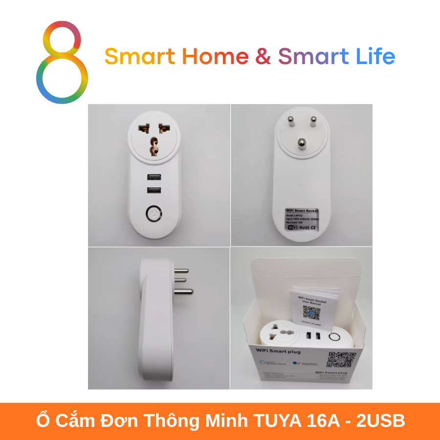  Ổ Cắm Đơn Thông Minh Tuya Smart Life 16A +2USB IN02- 8Matter - SmartHome 