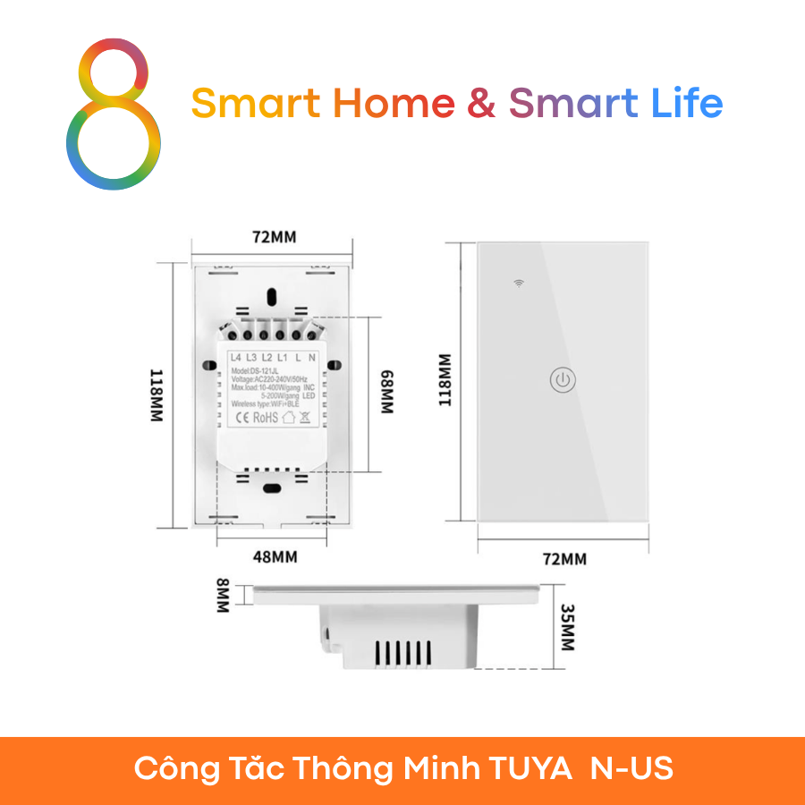  Công Tắc Thông Minh Wifi Tuya Smart Life - Nút Cảm Ứng - 8Matter - SmartHome 