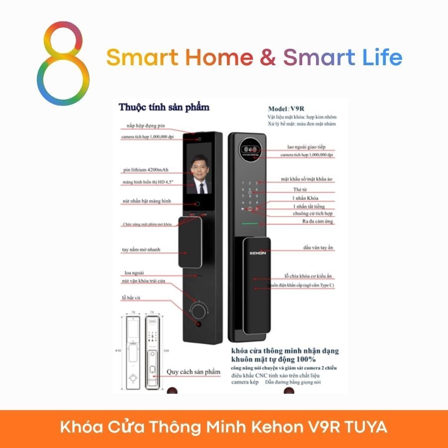  Khóa Cửa Thông Minh Kehon V9R TUYA - 8Matter - SmartHome 