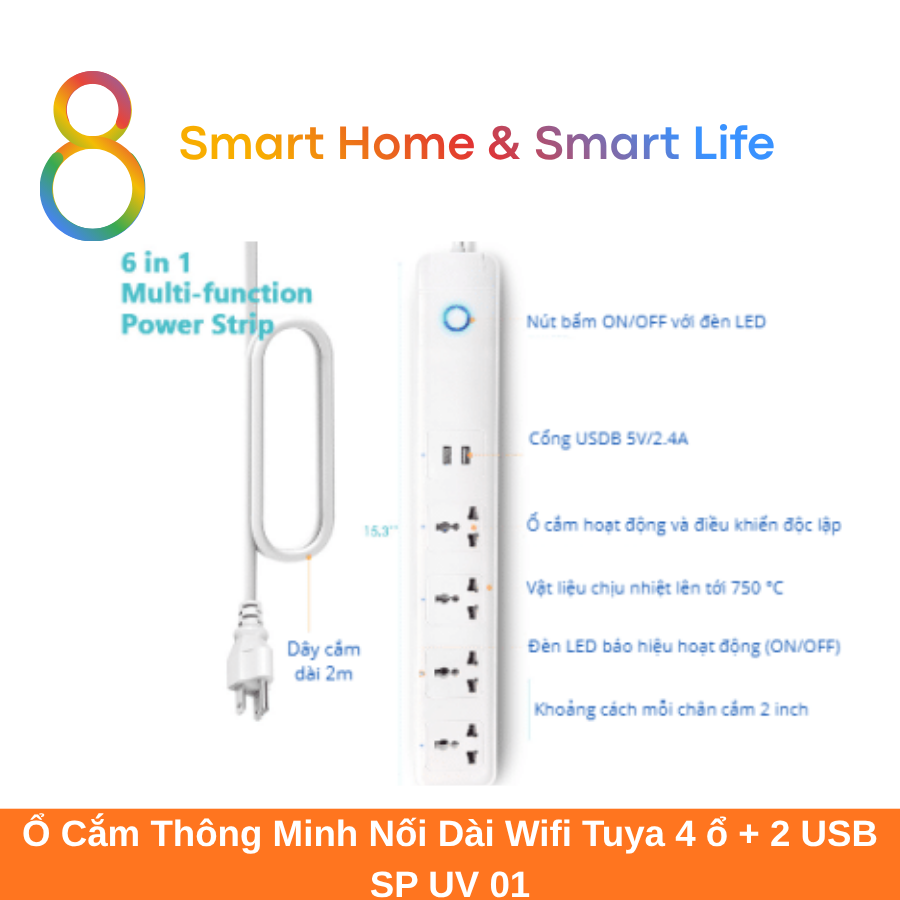  Ổ Cắm Thông Minh Nối Dài Wifi Tuya 4 ổ + 2 USB - 8 Matter Smart Home 