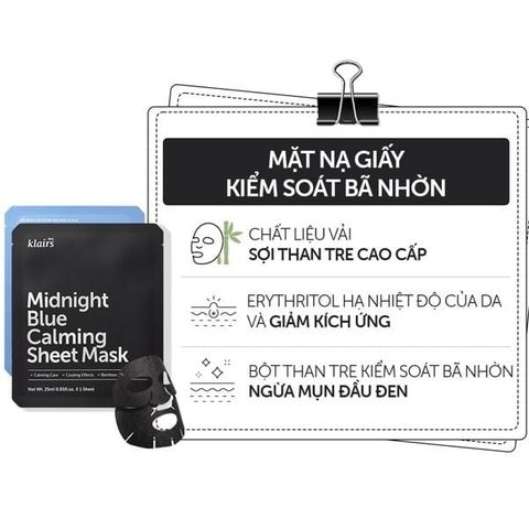 Mặt nạ kiểm soát bả nhờn Dear, Klairs Midnight Blue Calming Sheet Mask