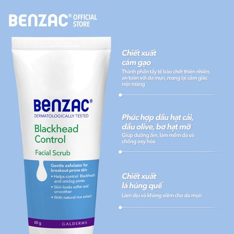 Tẩy tế bào chết làm sạch mụn đầu đen cho da dầu mụn BENZAC Blackhead Control Scrub 60g