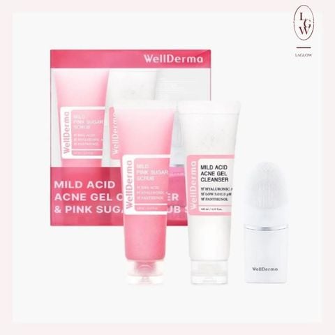 Bộ 3 Skincare WELLDERMA Acid Acne Gel Cleanser & Mild Pink Sugar Scrub (sữa rửa mặt & tẩy tế bào chết mặt & máy rửa mặt)