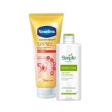 Combo dưỡng thể chống nắng Vaseline & nước tẩy trang cho mọi loại da Simple (300ml x 200ml)