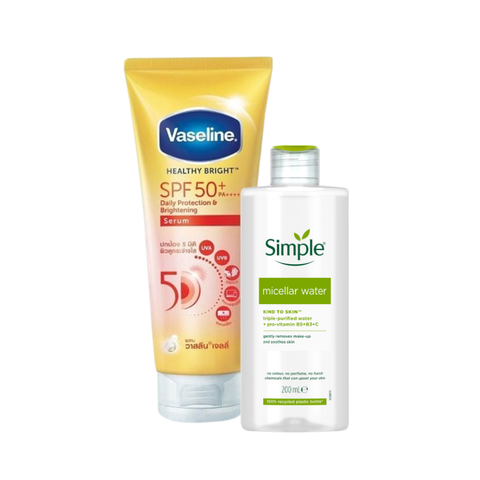 Combo dưỡng thể chống nắng Vaseline & nước tẩy trang cho mọi loại da Simple (300ml x 200ml)