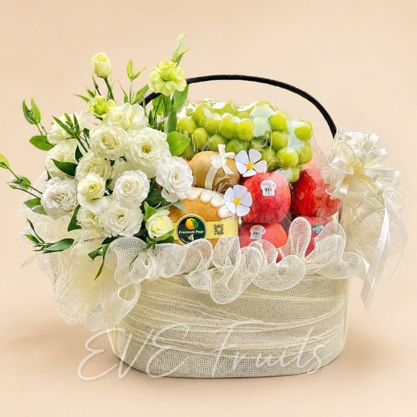 Giỏ Quà Tặng Trái Cây Hoa Tươi Trắng Kem Thanh Khiết