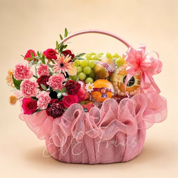 Giỏ Quà Tặng Trái Cây Hoa Tươi Hồng Đỏ Viên Mãn