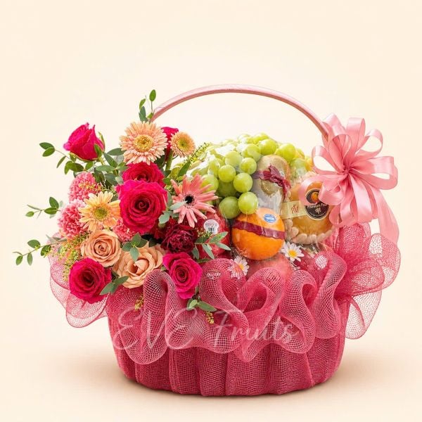 Giỏ Quà Tặng Trái Cây Hoa Tươi Hồng Đậm Phúc Lộc