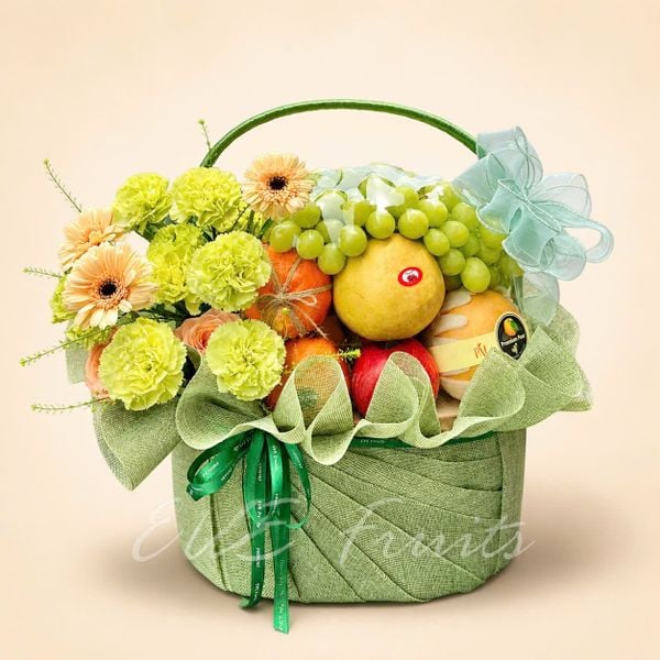 Giỏ Quà Tặng Trái Cây Hoa Tươi Xanh Oliu Kem Đào An Nhiên