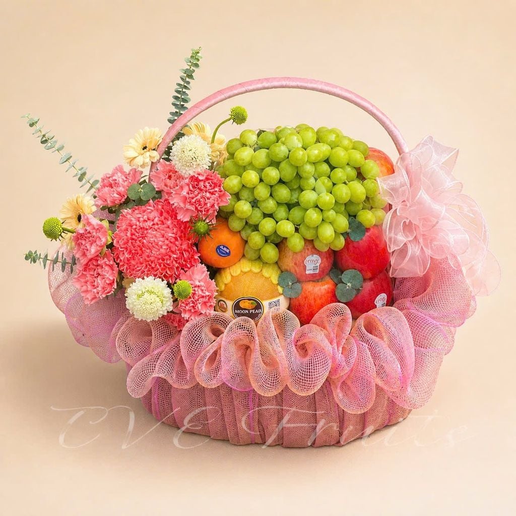 Giỏ Quà Tặng Trái Cây Hoa Tươi Hồng Phấn Sung Túc