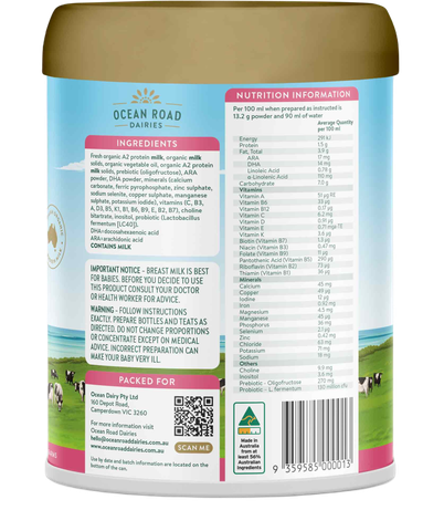Sản phẩm dinh dưỡng Ocean Road Dairies Organic A2 Protein Follow On Formula Stage 2 (6-12 tháng tuổi)