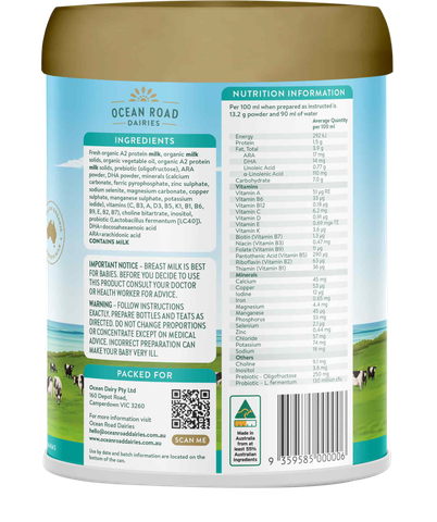 Sản phẩm dinh dưỡng Ocean Road Dairies Organic A2 Protein Infant Formula Stage 1 (0-6 tháng tuổi)