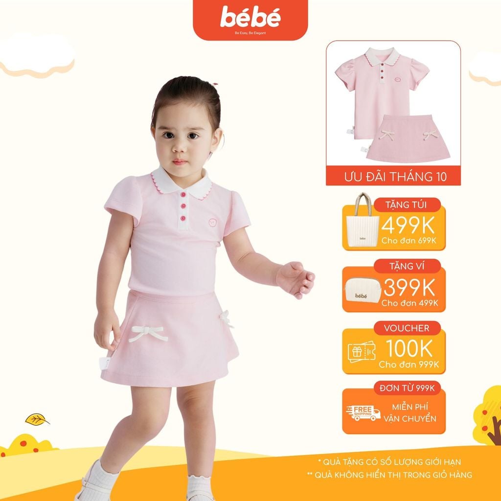 Set Váy hồng BéBé Áo Polo viền sò và Chân váy A đính nơ bé gái
