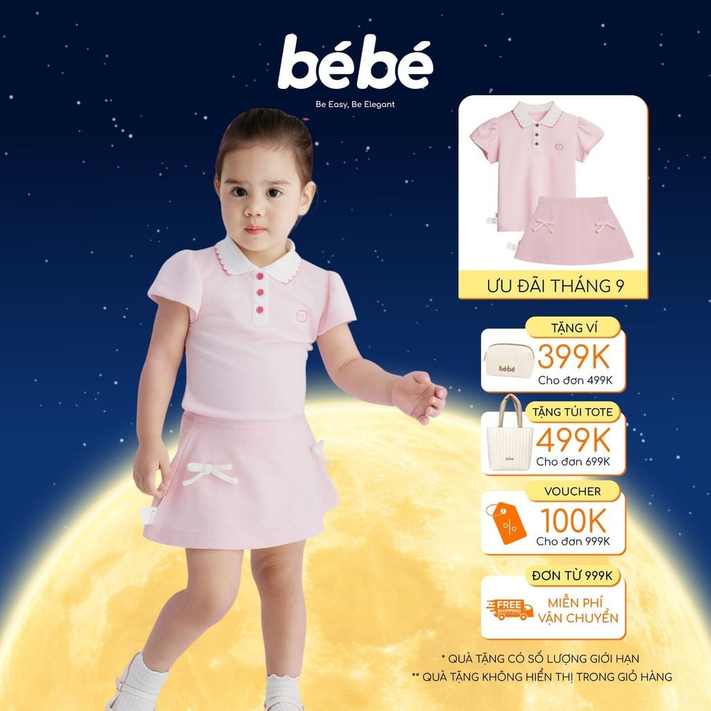 Set Váy hồng BéBé Áo Polo viền sò và Chân váy A đính nơ bé gái