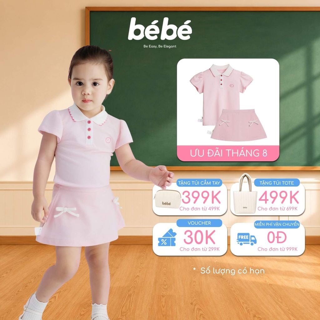 Set Váy hồng BéBé Áo Polo viền sò và Chân váy A đính nơ bé gái