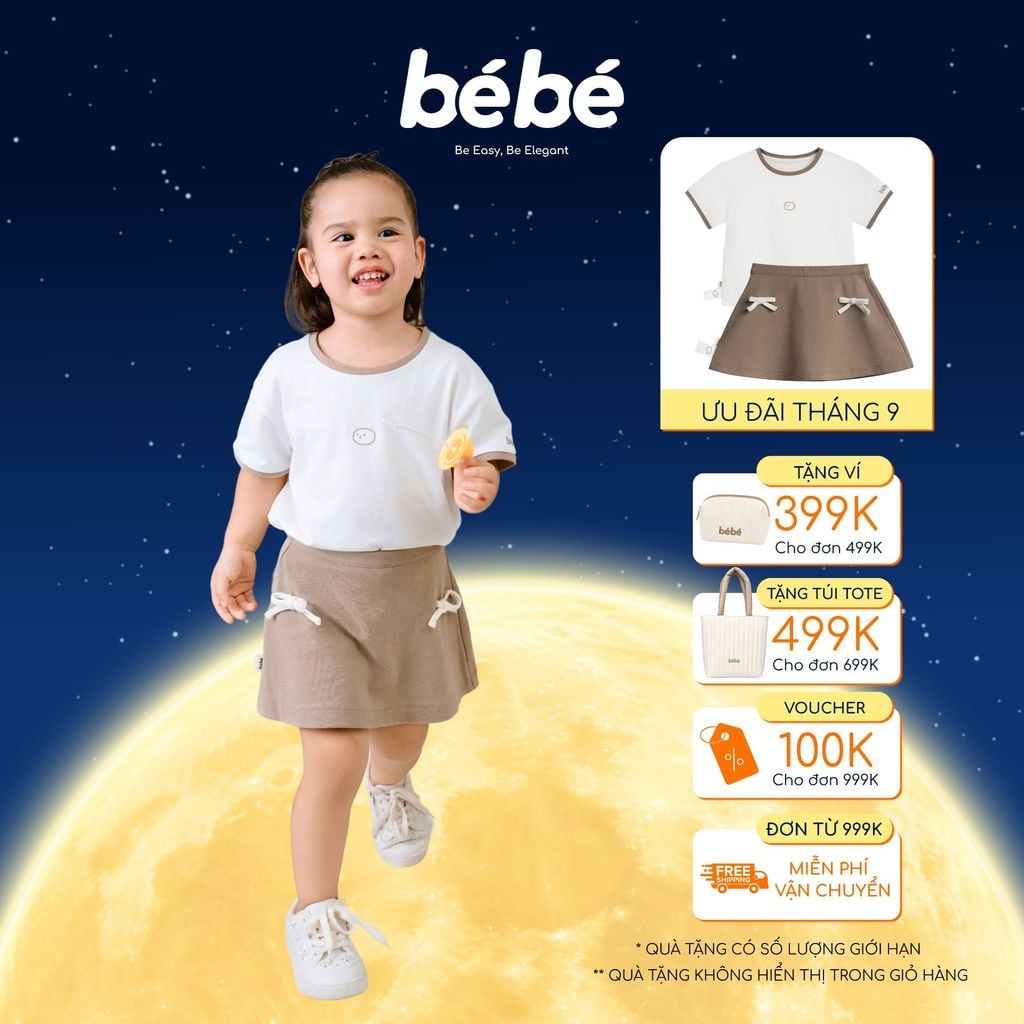 Set Bé gái BéBé Áo thun icon và Chân váy A đính nơ