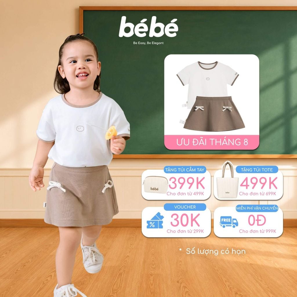 Set Bé gái BéBé Áo thun icon và Chân váy A đính nơ