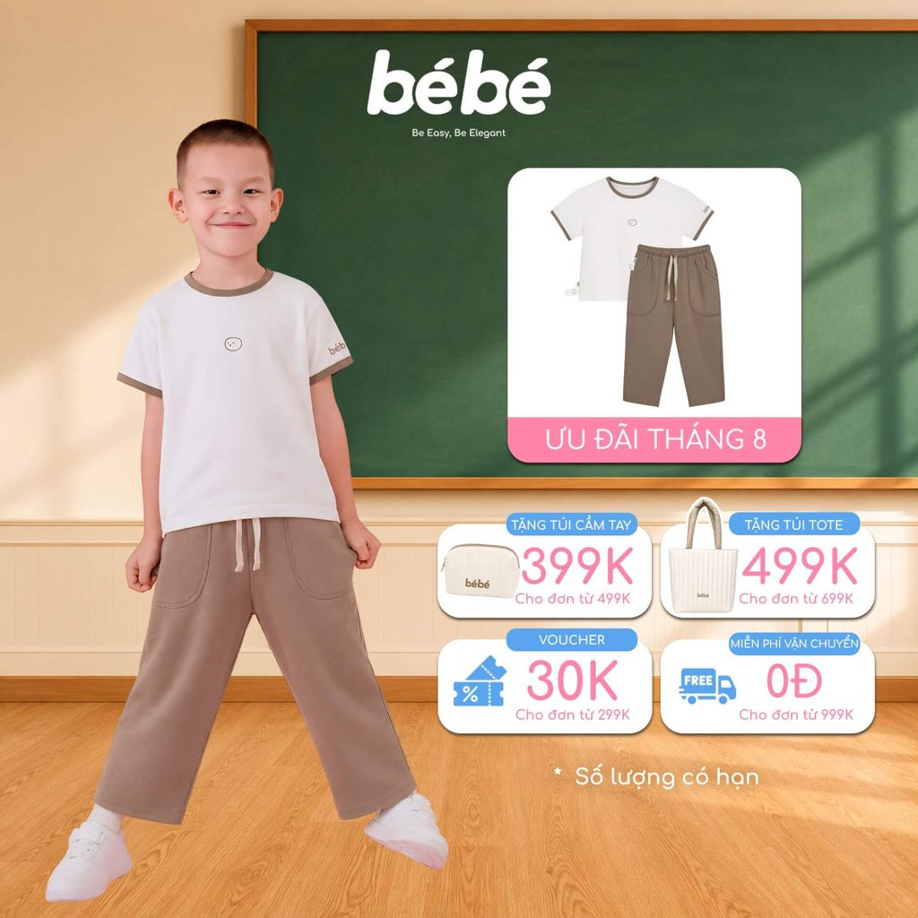 Set bé trai BéBé Áo thun cổ tròn logo icon và Quần dài phong cách thể thao