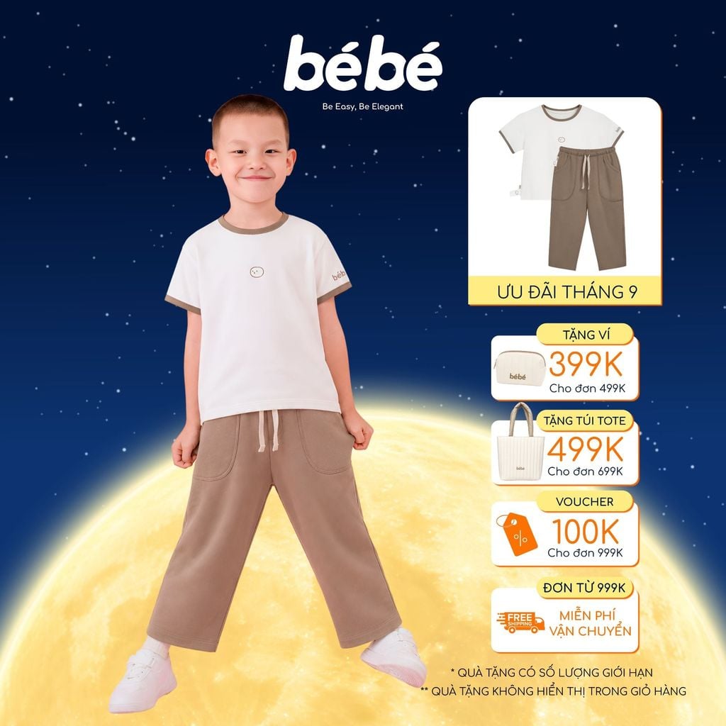 Set bé trai BéBé Áo thun cổ tròn logo icon và Quần dài phong cách thể thao