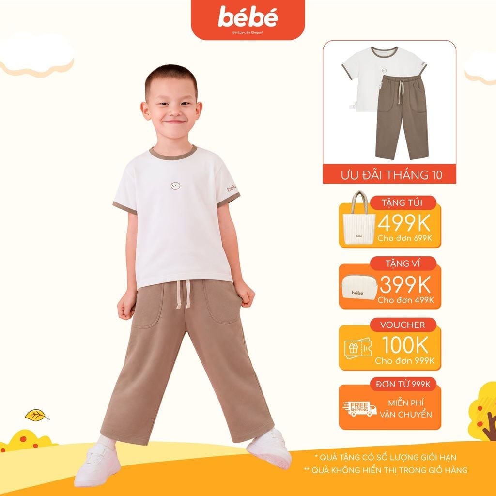 Set bé trai BéBé Áo thun cổ tròn logo icon và Quần dài phong cách thể thao