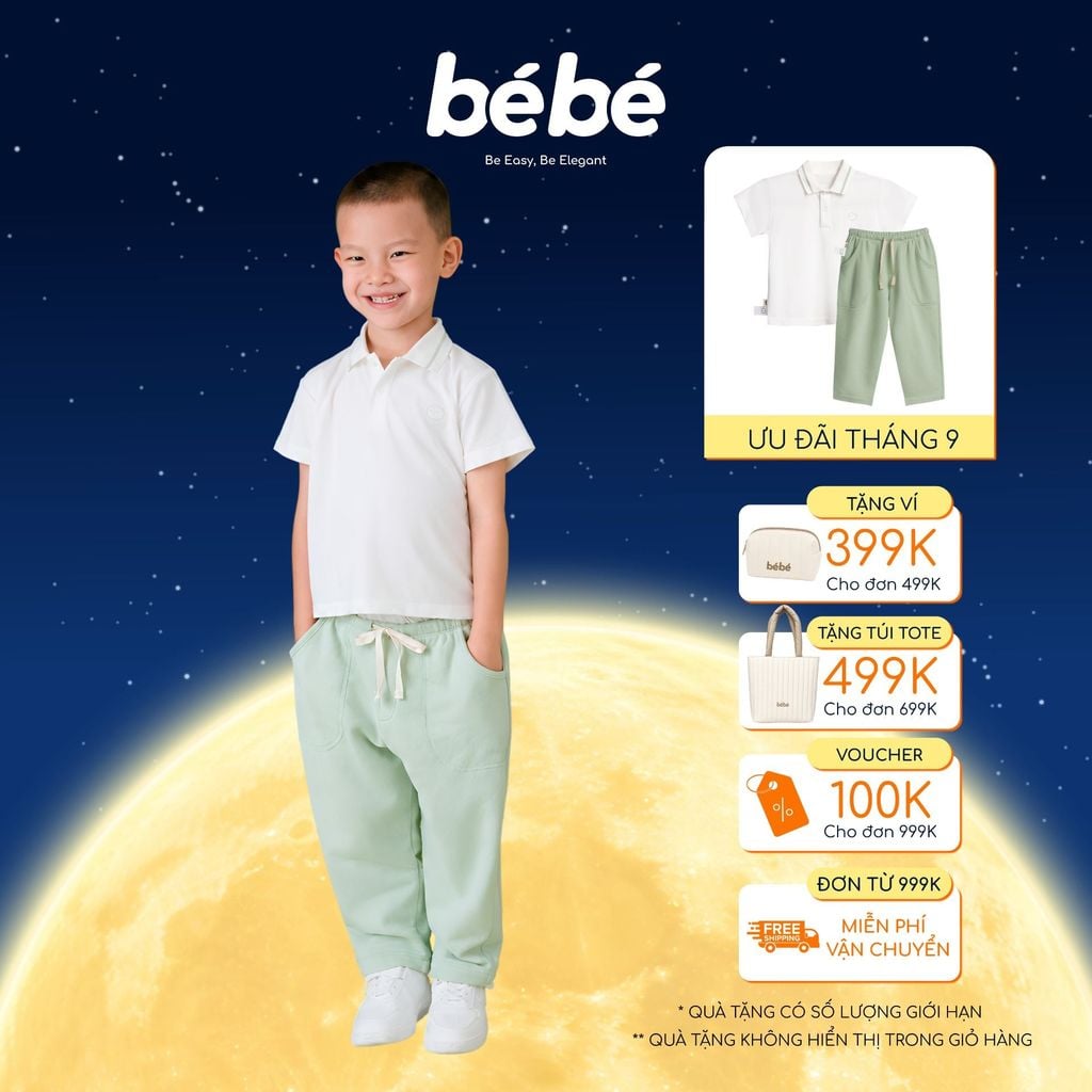 Set Bé trai BéBé Áo Polo viền trắng nâu và Quần dài thể thao