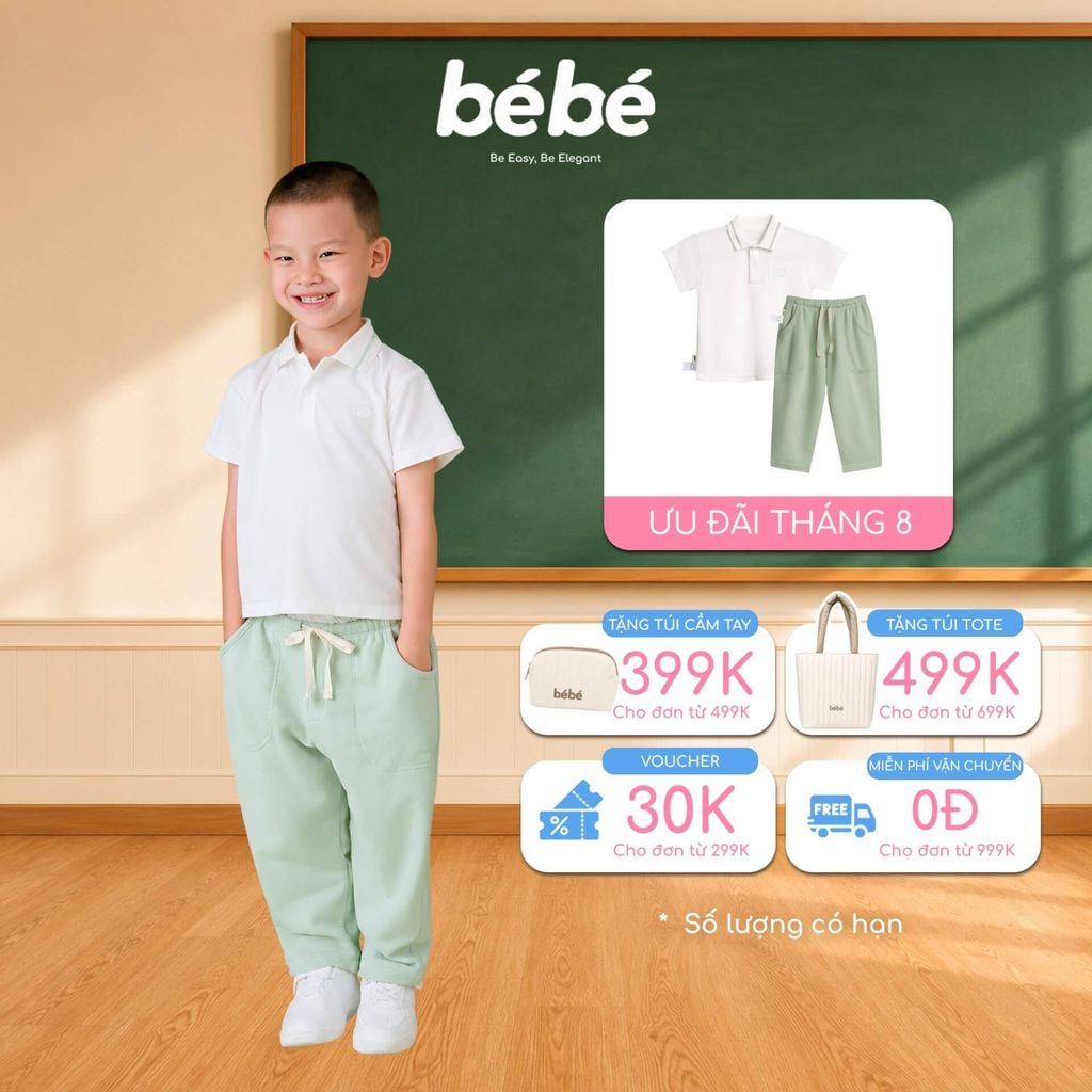 Set Bé trai BéBé Áo Polo viền trắng nâu và Quần dài thể thao