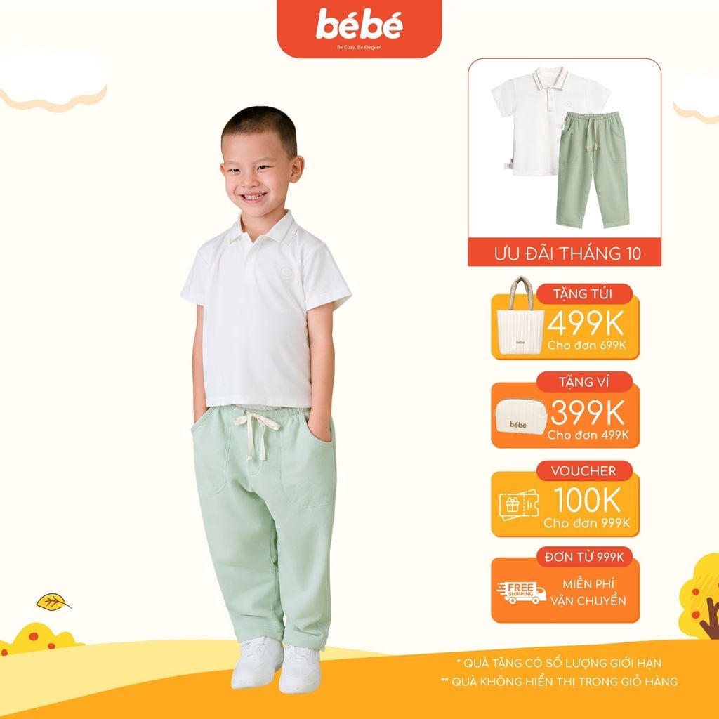 Set Bé trai BéBé Áo Polo viền trắng nâu và Quần dài thể thao