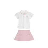 Set Váy hồng BéBé Áo Polo viền sò và Chân váy A đính nơ bé gái