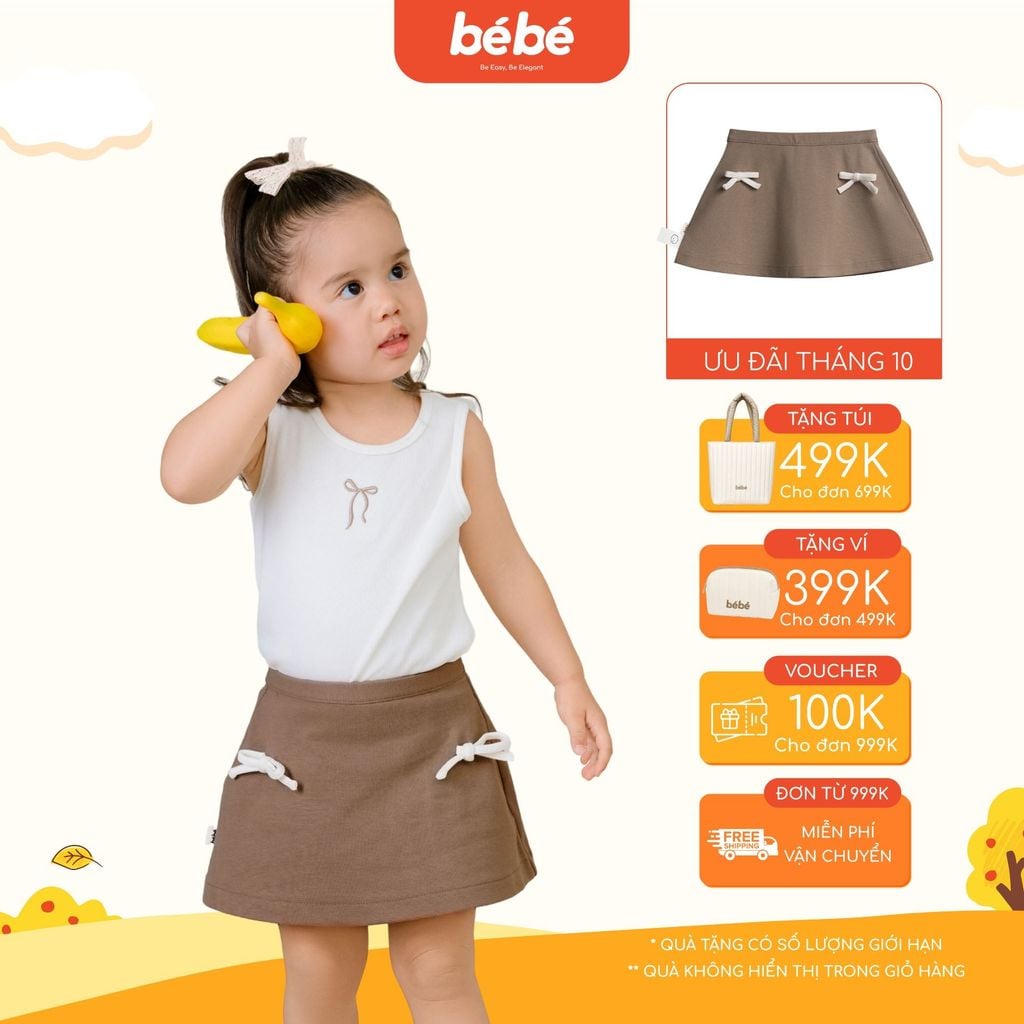 Chân Váy BéBé Dáng A Bé Gái Pima Cotton Cao Cấp Mềm Mịn Đính Nơ