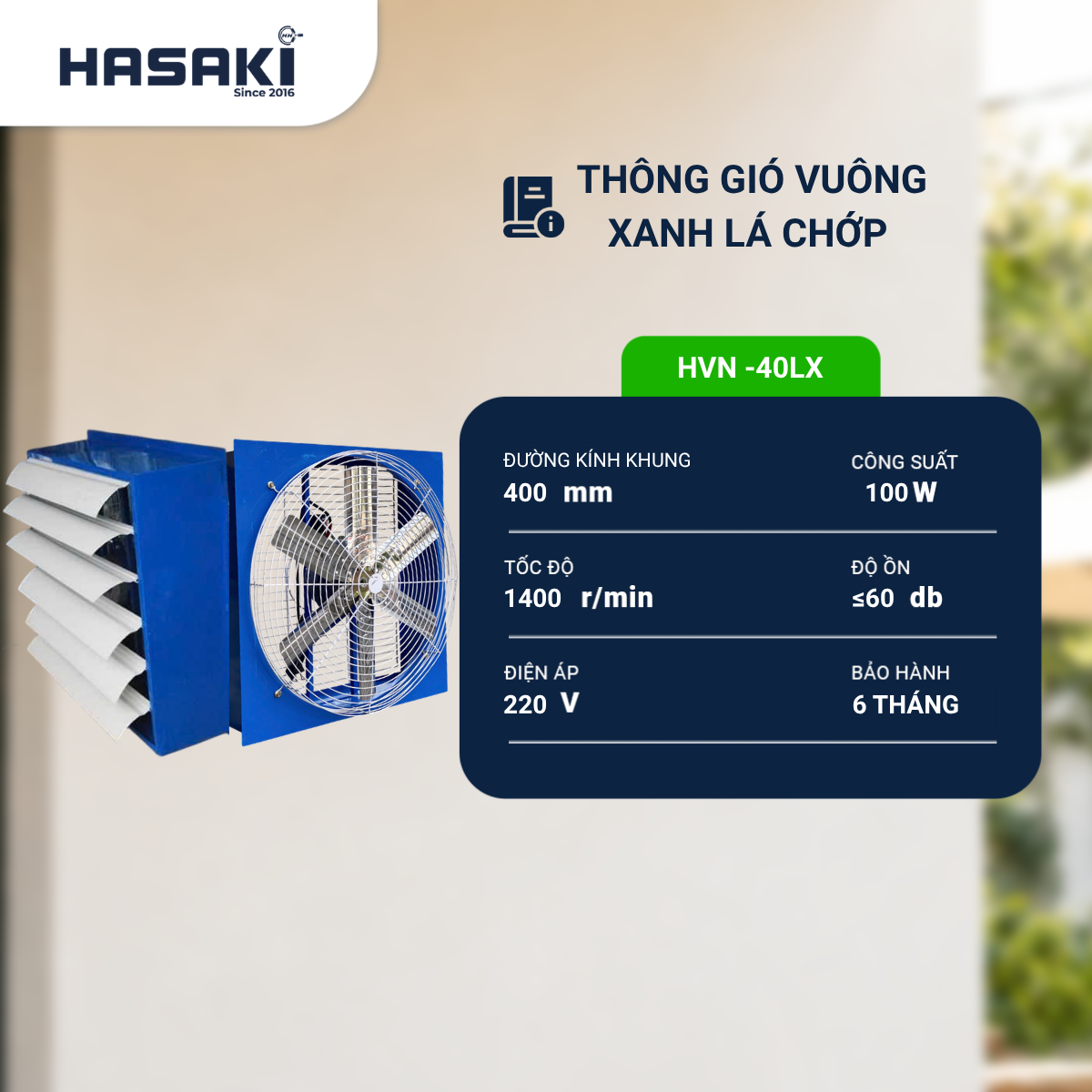  Quạt Thông Gió Vuông Xanh Lá Chớp HVN 40LX 