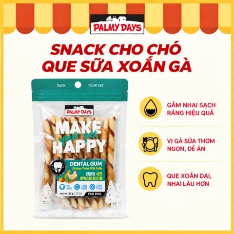 PalmyDays Que Sữa Xoắn Gà, Gặm Nhai Sạch Răng Dành Cho Chó 90g
