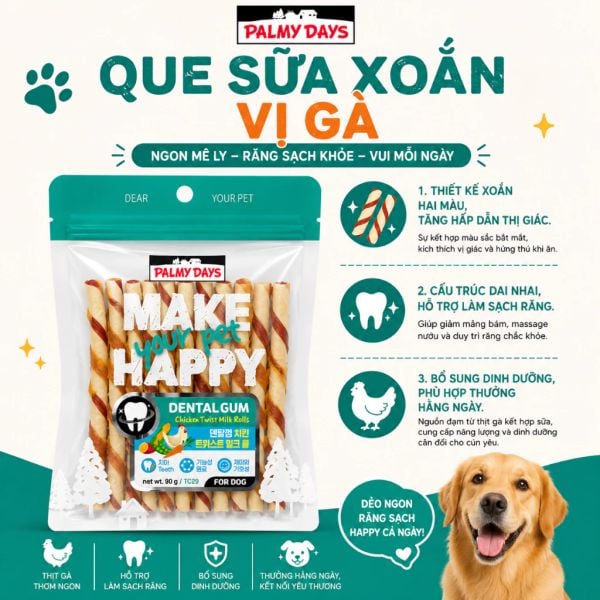 PalmyDays Que Sữa Xoắn Gà, Gặm Nhai Sạch Răng Dành Cho Chó 90g