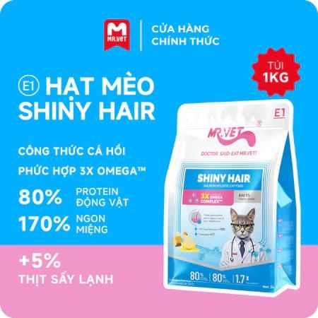Hạt Cho Mèo MRVET E1 Shiny Hair - Dưỡng Da Lông Chuyên Sâu Từ Dầu Cá Tinh Khiết (Gói 1kg)