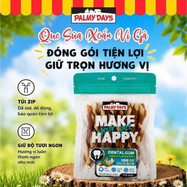 PalmyDays Que Sữa Xoắn Gà, Gặm Nhai Sạch Răng Dành Cho Chó 90g