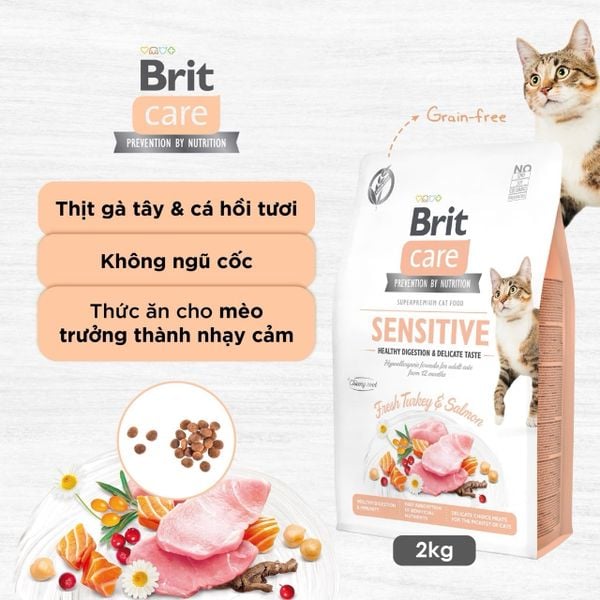 Brit Care Cat Sensitive Digestion & Delicate Taste – Hạt khô cho mèo hỗ trợ tiêu hóa khỏe & vị ngon dễ ăn 400g/2kg/7kg