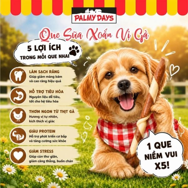 PalmyDays Que Sữa Xoắn Gà, Gặm Nhai Sạch Răng Dành Cho Chó 90g