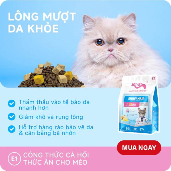 MRVET-Hạt Cho Mèo E1 Shiny Hair-Dưỡng Da Lông Chuyên Sâu Từ Dầu Cá Tinh Khiết (Gói 1kg)