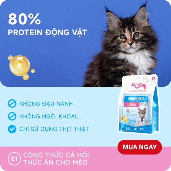 MRVET-Hạt Cho Mèo E1 Shiny Hair-Dưỡng Da Lông Chuyên Sâu Từ Dầu Cá Tinh Khiết (Gói 1kg)