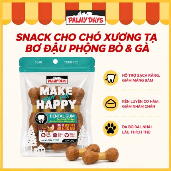 PalmyDays Xương Tạ Bơ Đậu Phộng Bò Gà Dành Cho Chó 90g