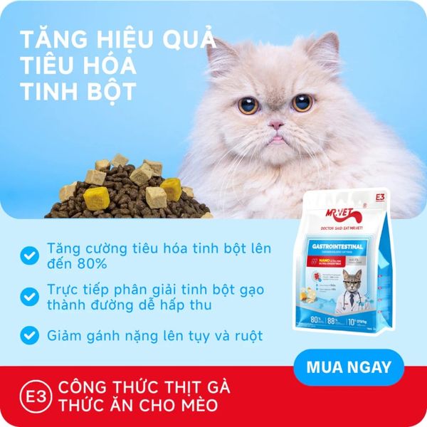 Hạt Cho Mèo MRVET E3 Gastrointestinal (S/O)-Chăm sóc cho hệ tiêu hóa nhạy cảm (Gói 1kg)