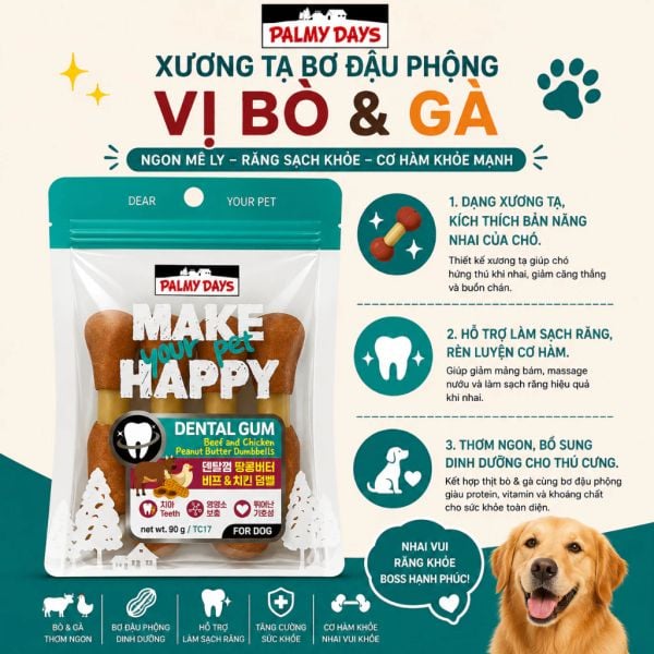 PalmyDays Xương Tạ Bơ Đậu Phộng Bò Gà Dành Cho Chó 90g