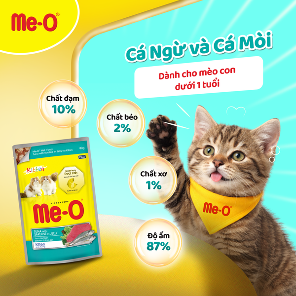 Me-O Pate Vị Cá Ngừ Và Cá Mòi Dành Cho Mèo Con - Tuna & Sadrine In Jelly 80g