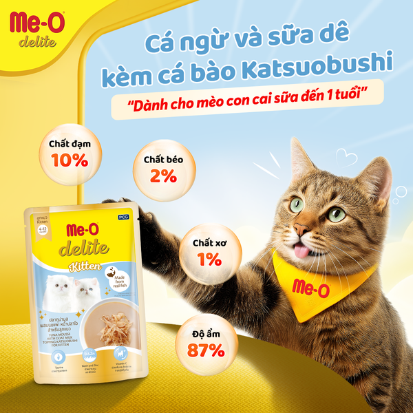 Me-O Delite Pate Cho Mèo Con Vị Cá Ngừ & Sữa Dê Kèm Cá Bào - Tuna With Goat Milk Topping Katsuobushi For Kitten
