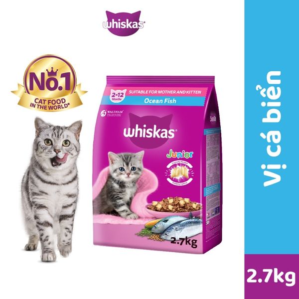 Thức ăn hạt khô Whiskas cho Mèo con 2.7kg (Cá thu/Cá biển/Cá ngừ&cá hồi)