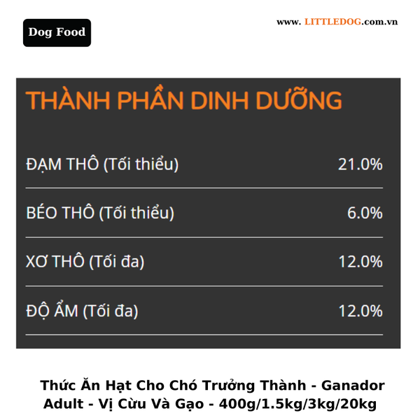 Thức Ăn Hạt Cho Chó Trưởng Thành Ganador Adult-Vị Thịt Cừu&Gạo-1.5kg/3kg/10kg/20kg