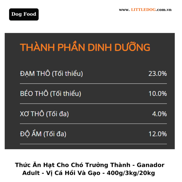 Thức Ăn Hạt Cho Chó Trưởng Thành - Ganador - Vị Cá Hồi & Gạo - 400g/3kg/20kg