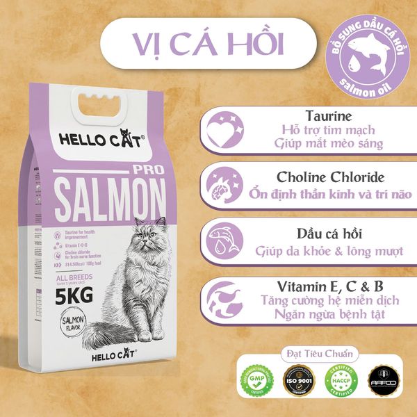 Thức Ăn Hạt Cho Mèo Trưởng Thành Hello Cat – Vị Cá Hồi – Bao 5kg