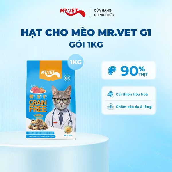 MR.VET G1 - Hạt Khô Cho Mèo Cao Cấp Không Ngũ Cốc, Kèm Topping Thịt Tươi Đông Khô (1KG)